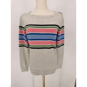 Talbots Womens Striped Crew Neck Sweater Gray Pink Blue  Button Shoulder Size S